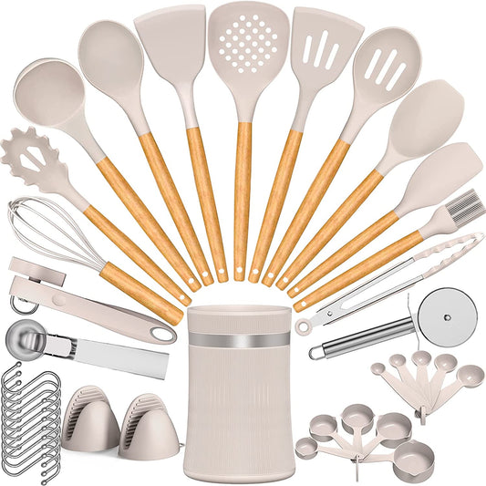 Silicone Cooking Utensil Set, 38 Pcs Silicone Cooking Kitchen Utensils Set with Wooden Handle, Non-Stick Heat Resistant - Best Kitchen Cookware Set- Khaki(Bpa Free, Non Toxic)